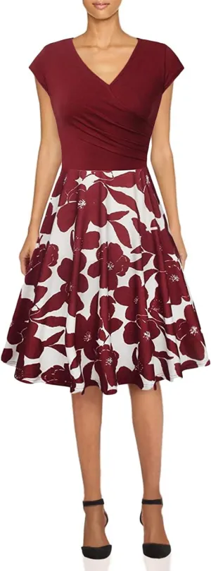 EFOFEI Womens Casual Swing Dress Floral Printed Dress Short Sleeve Wrap V Neck A Line Midi Dress
