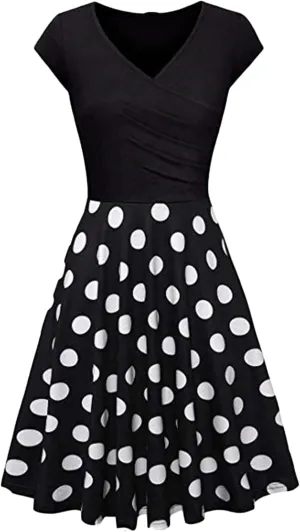 EFOFEI Womens Casual Swing Dress Floral Printed Dress Short Sleeve Wrap V Neck A Line Midi Dress