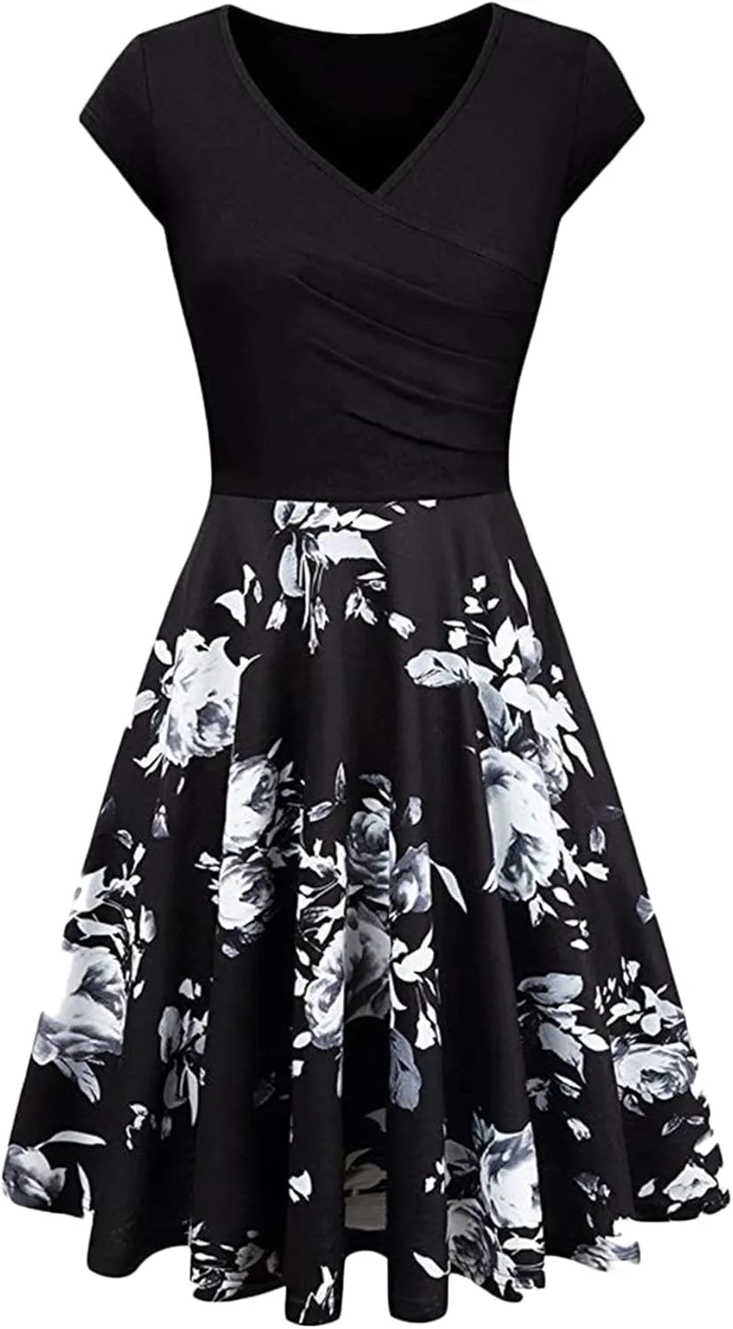 EFOFEI Womens Casual Swing Dress Floral Printed Dress Short Sleeve Wrap V Neck A Line Midi Dress