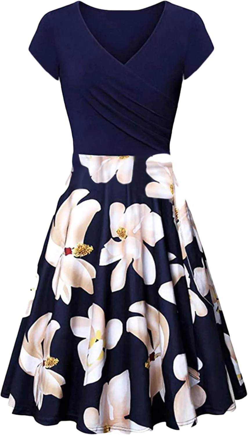 EFOFEI Womens Casual Swing Dress Floral Printed Dress Short Sleeve Wrap V Neck A Line Midi Dress