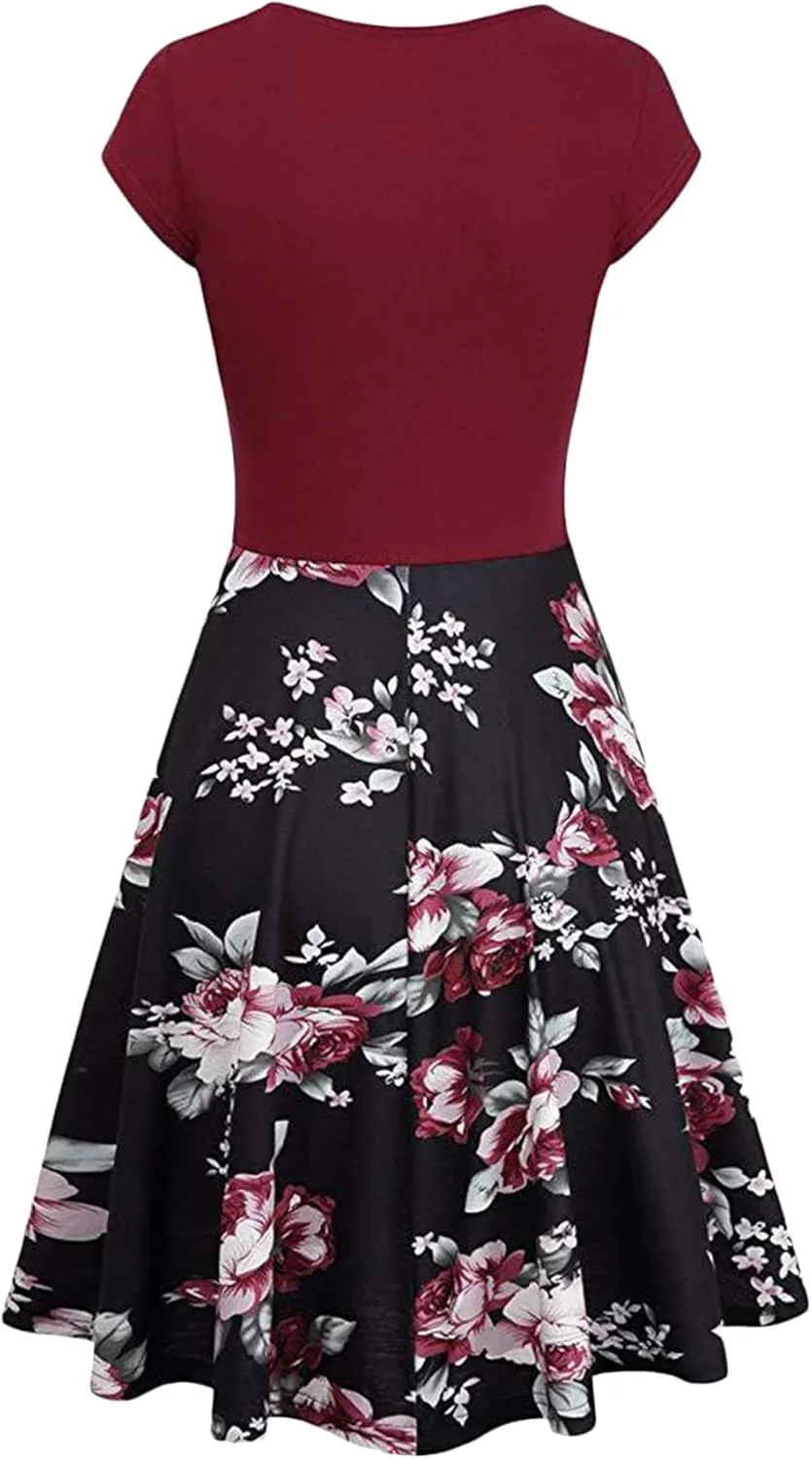 EFOFEI Womens Casual Swing Dress Floral Printed Dress Short Sleeve Wrap V Neck A Line Midi Dress
