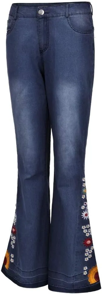 Embroidered Flare Jeans Women Bell Bottom Pants Stretch Floral Bell Bottom Jeans Plus Size Wide Leg Denim Pants