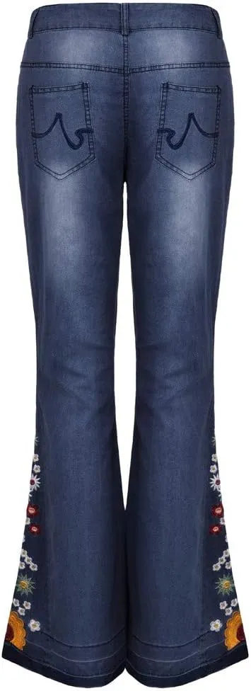 Embroidered Flare Jeans Women Bell Bottom Pants Stretch Floral Bell Bottom Jeans Plus Size Wide Leg Denim Pants