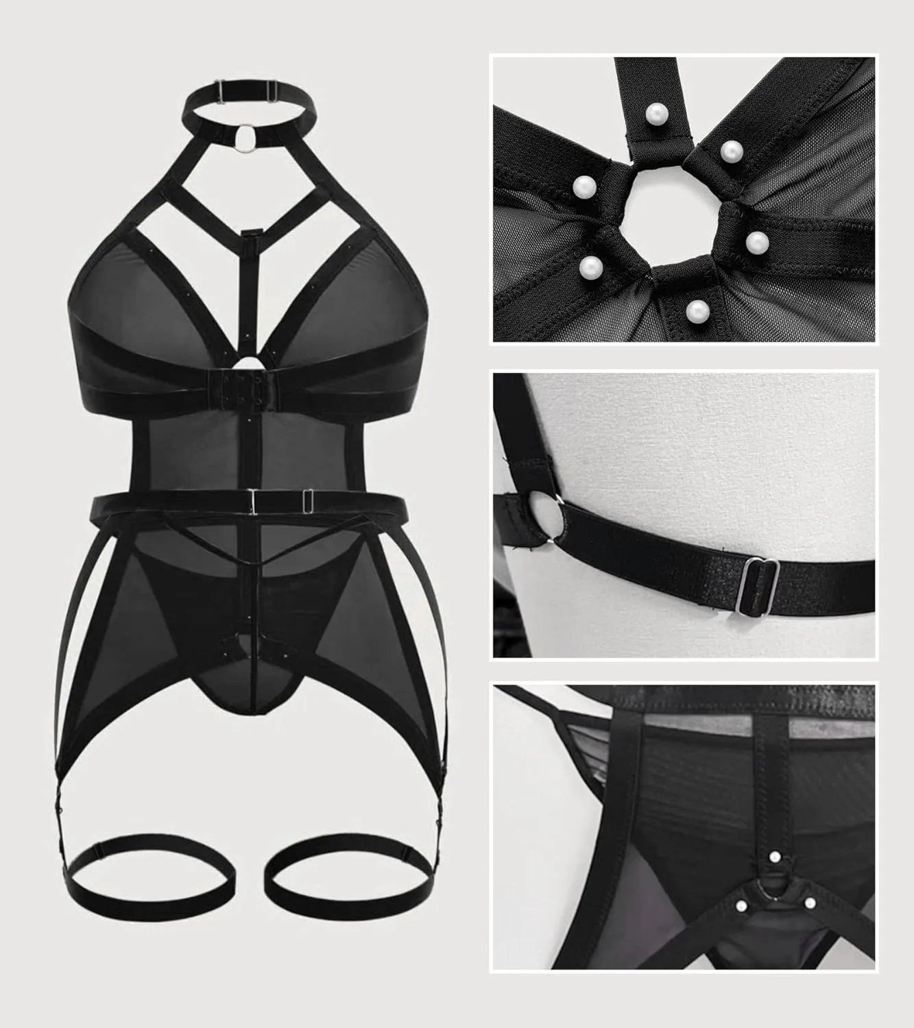 EVELUST Women's Plus Size Sexy Lingerie Set - Exotic Strappy Pearls Beaded O-ring Sheer Mesh Garter Teddy Harness Bodysuit