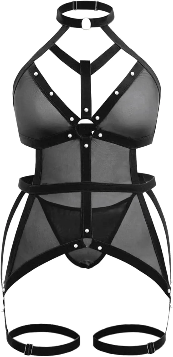 EVELUST Women's Plus Size Sexy Lingerie Set - Exotic Strappy Pearls Beaded O-ring Sheer Mesh Garter Teddy Harness Bodysuit
