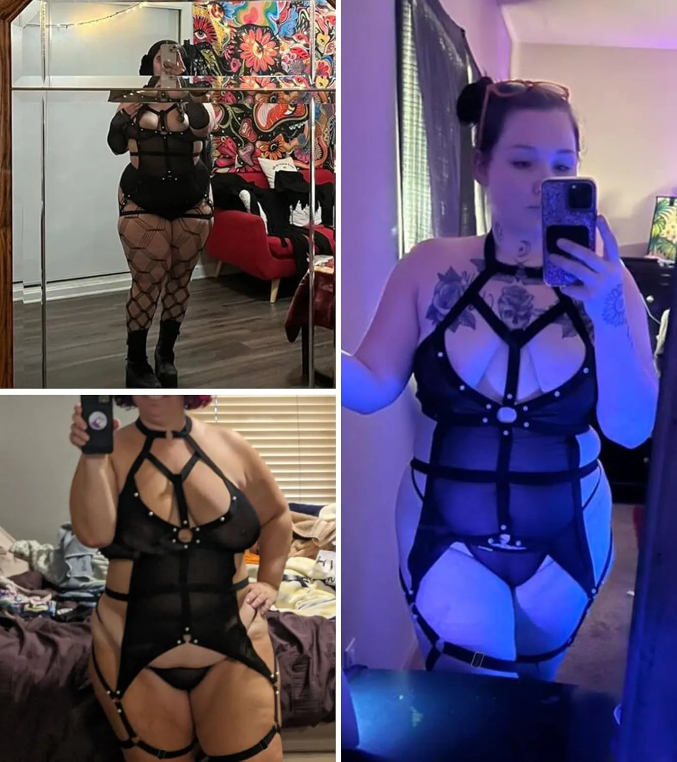 EVELUST Women's Plus Size Sexy Lingerie Set - Exotic Strappy Pearls Beaded O-ring Sheer Mesh Garter Teddy Harness Bodysuit
