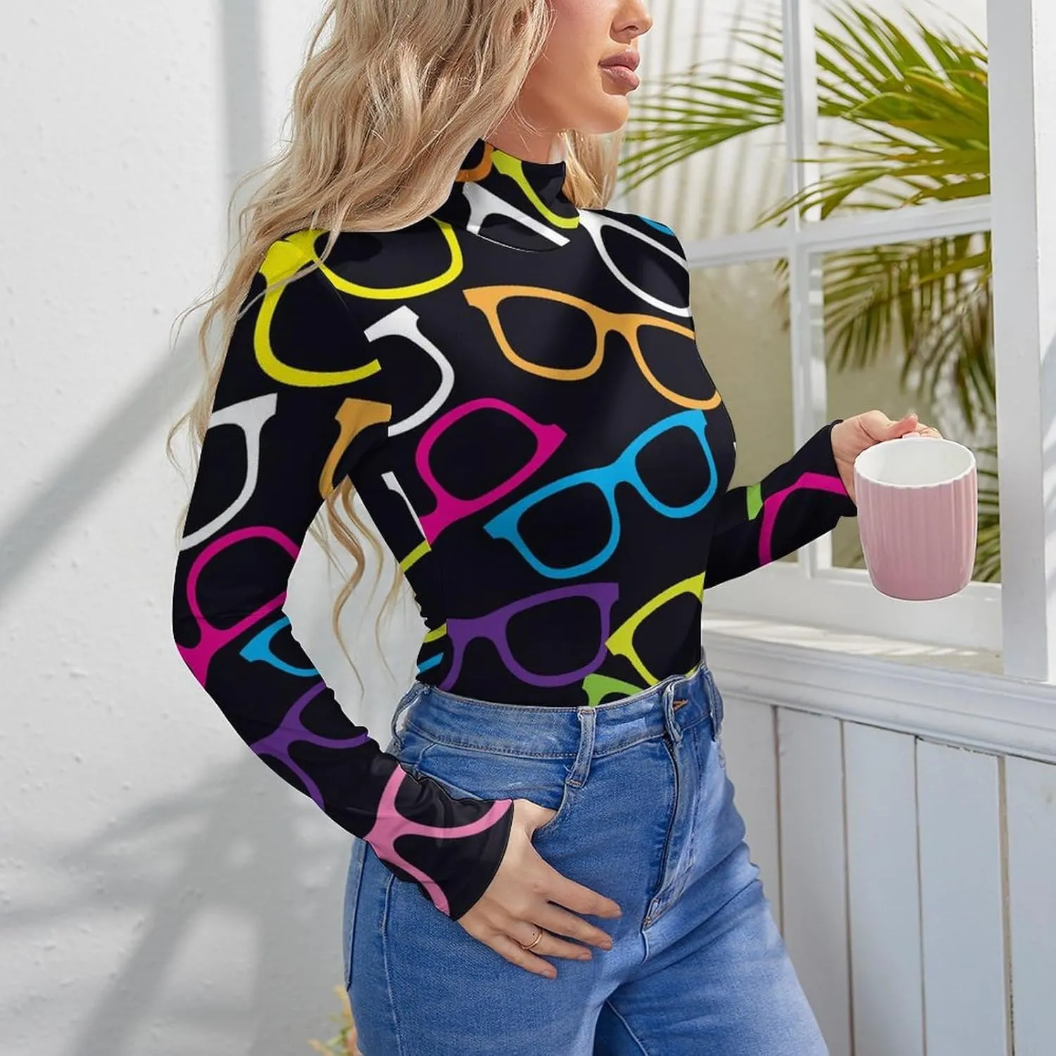 Eyeglasses Pop-Art Pattern Women's Bodysuit Tops Turtle Neck Long Sleeve Jumpsuit Print T Shirt