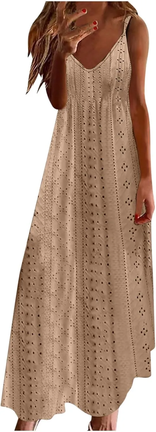 Eyelet Dress for Women 2024 Casual Sleeveless Long Maxi Dress Trendy Sexy V Neck Slip Dress Summer Vacation Outfits