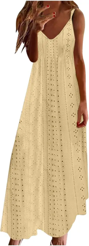 Eyelet Dress for Women 2024 Casual Sleeveless Long Maxi Dress Trendy Sexy V Neck Slip Dress Summer Vacation Outfits
