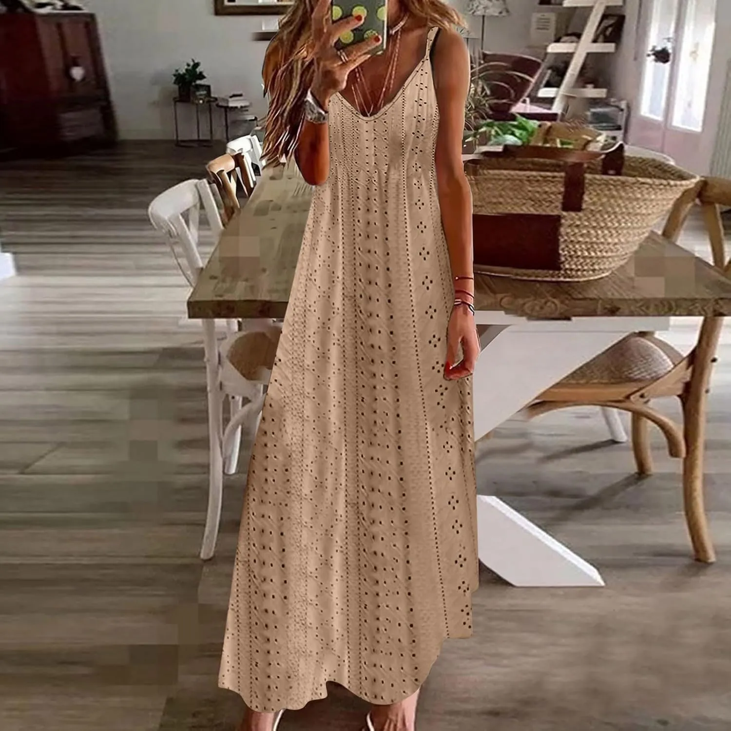 Eyelet Dress for Women 2024 Casual Sleeveless Long Maxi Dress Trendy Sexy V Neck Slip Dress Summer Vacation Outfits