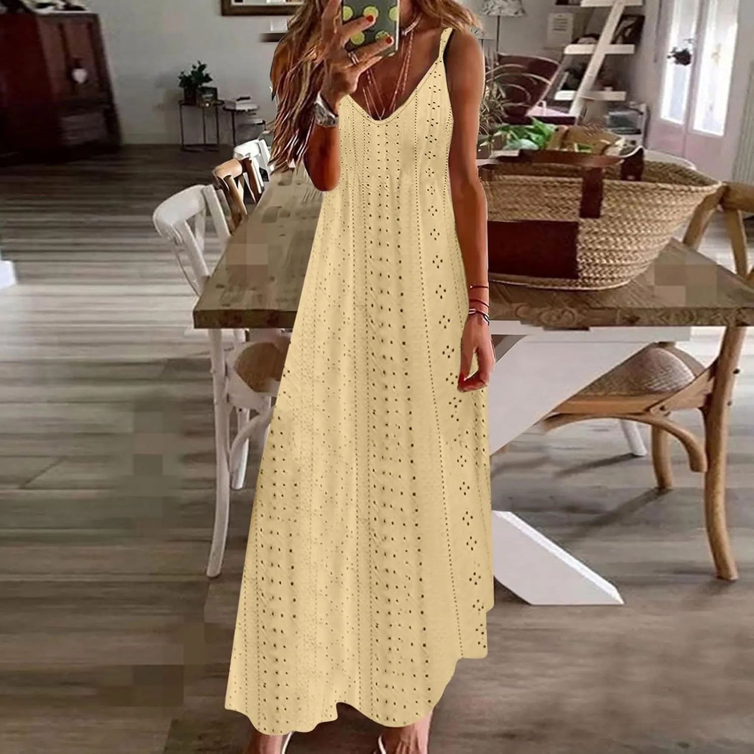 Eyelet Dress for Women 2024 Casual Sleeveless Long Maxi Dress Trendy Sexy V Neck Slip Dress Summer Vacation Outfits