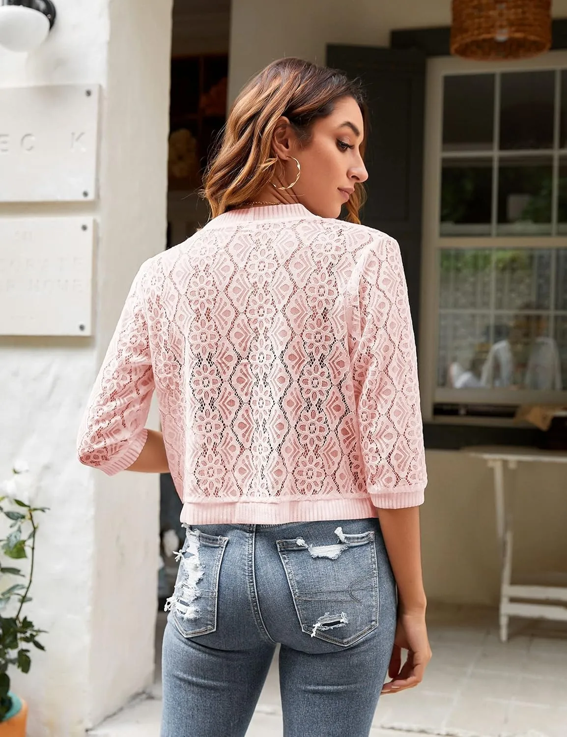 FindThy Women’s Casual Summer Lace Cardigan Open Front 3/4 Sleeve Solid Lace Shrug Cover Up