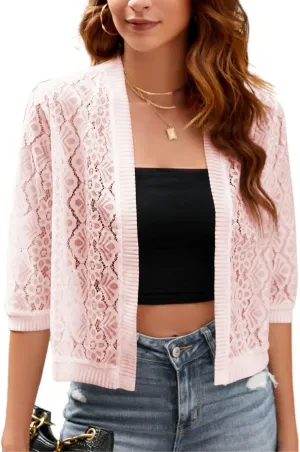 FindThy Women’s Casual Summer Lace Cardigan Open Front 3/4 Sleeve Solid Lace Shrug Cover Up