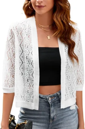 FindThy Women’s Casual Summer Lace Cardigan Open Front 3/4 Sleeve Solid Lace Shrug Cover Up