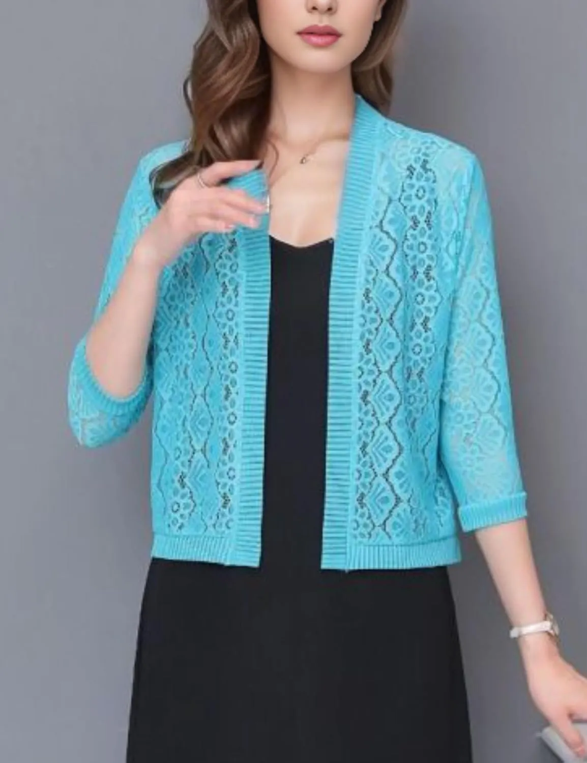FindThy Women’s Casual Summer Lace Cardigan Open Front 3/4 Sleeve Solid Lace Shrug Cover Up