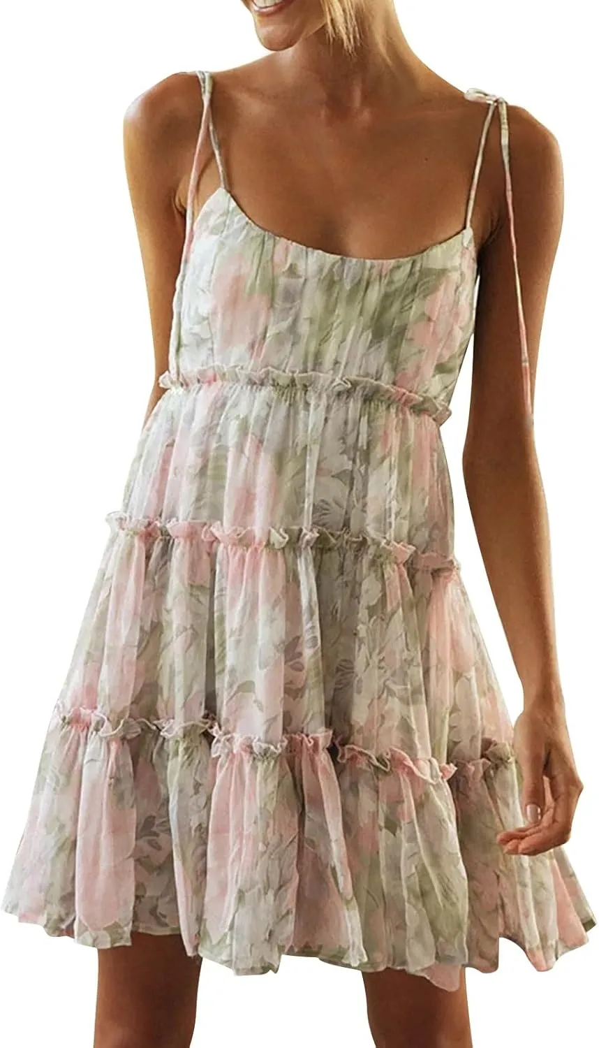 Floral Dress for Women Summer Adjustable Spaghetti Straps Mini Dresses Loose Fit Boho Beach Ruffle Tiered Flowy Dress