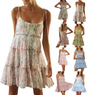 Floral Dress for Women Summer Adjustable Spaghetti Straps Mini Dresses Loose Fit Boho Beach Ruffle Tiered Flowy Dress