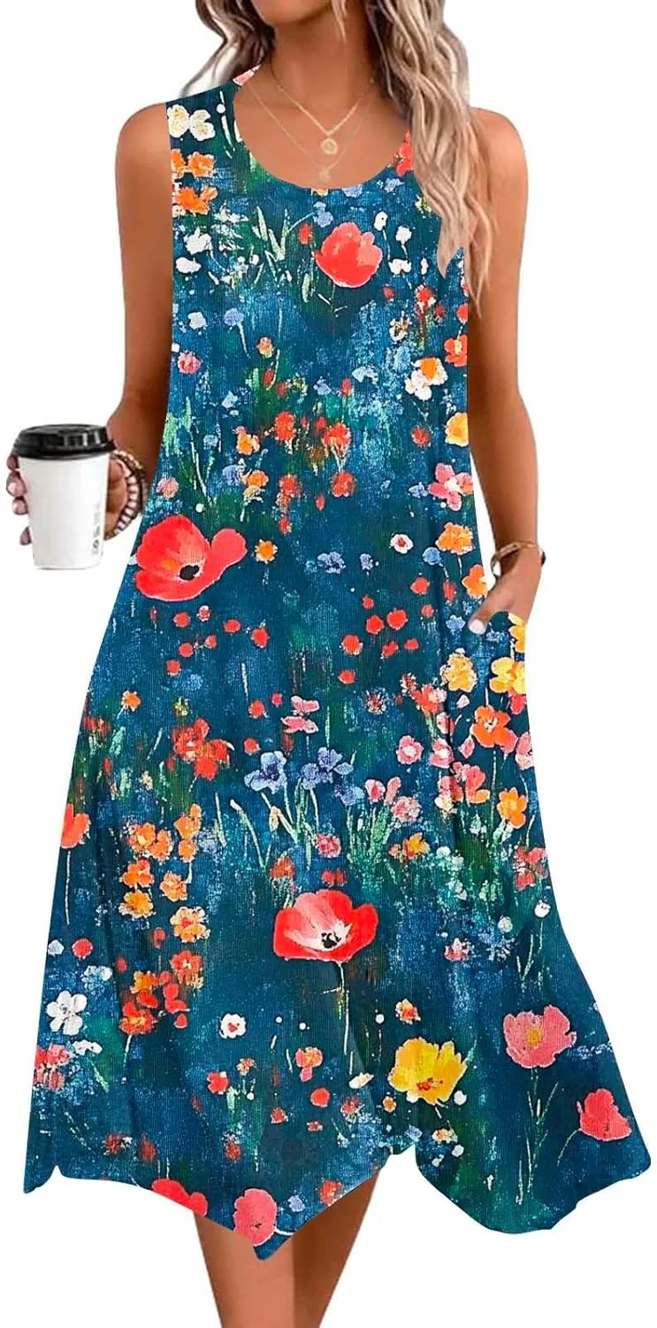 Floral Print Sleeveless Dress for Women Summer Casual Dress with Pockets and A-Line Fit