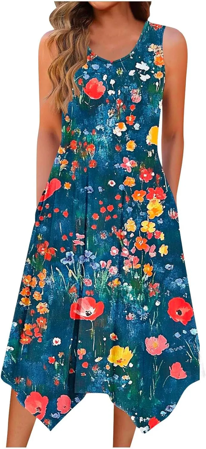 Floral Print Sleeveless Dress for Women Summer Casual Dress with Pockets and A-Line Fit