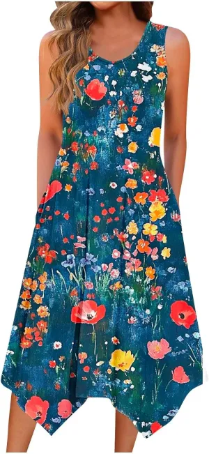 Floral Print Sleeveless Dress for Women Summer Casual Dress with Pockets and A-Line Fit