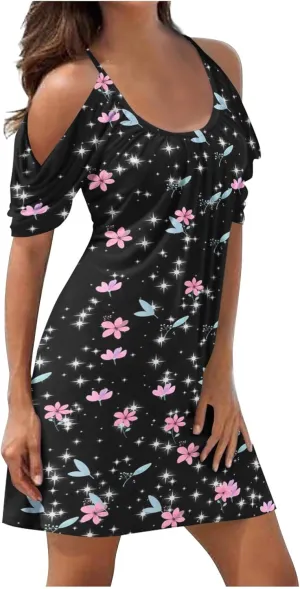 Floral Summer Dress 2024 Sexy Plus Size Open Shoulder Spaghetti Strap Beach Mini Dresses Floral Print Short Dresses