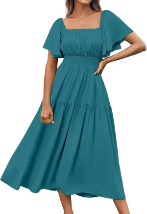 Flowy Maxi Dresses for Women Summer Casual A Line Dress Short Sleeve Square Neck Smocked Waist Beach Vacation Sundress