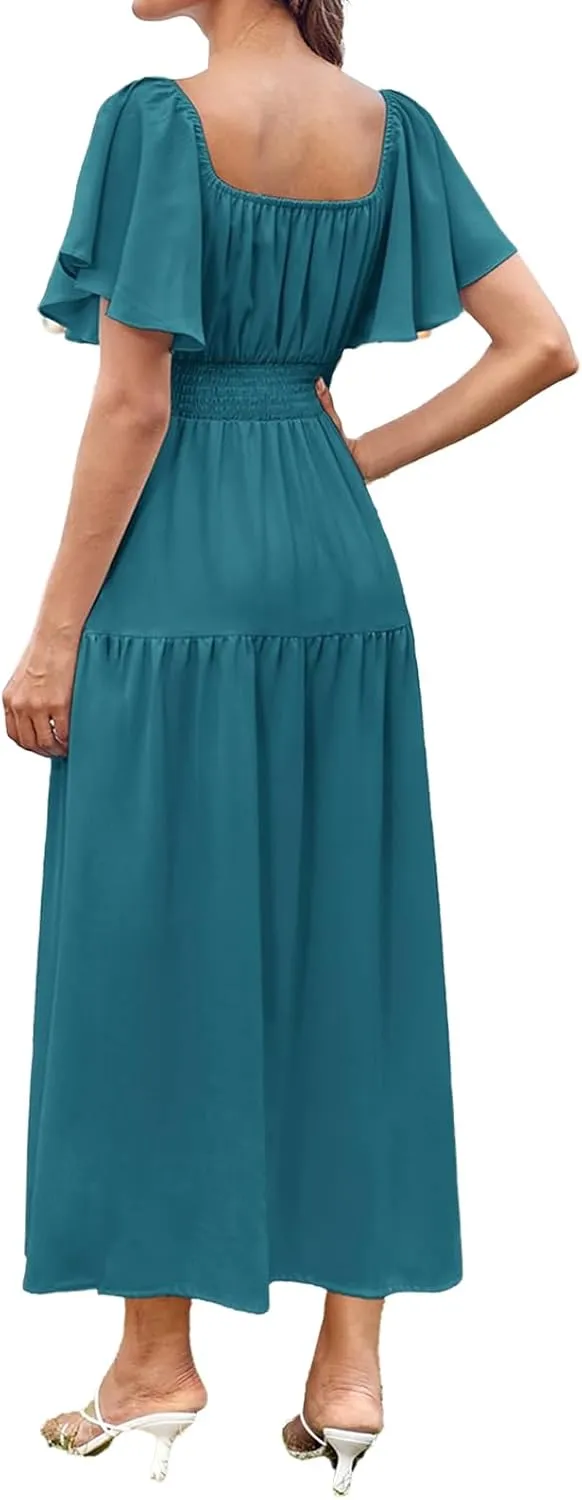 Flowy Maxi Dresses for Women Summer Casual A Line Dress Short Sleeve Square Neck Smocked Waist Beach Vacation Sundress