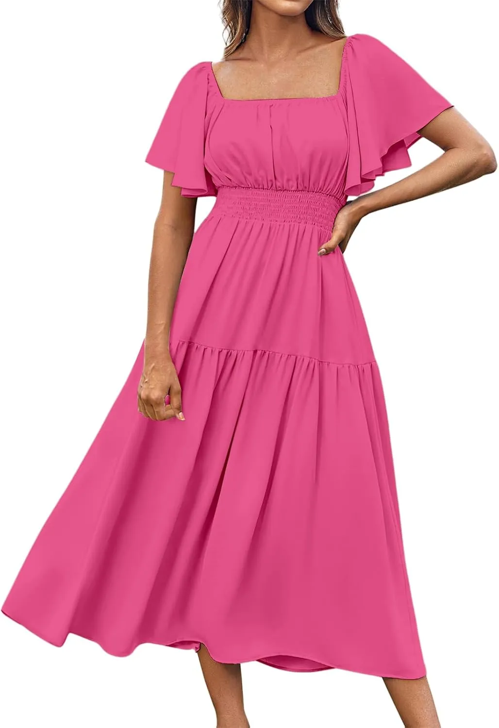 Flowy Maxi Dresses for Women Summer Casual A Line Dress Short Sleeve Square Neck Smocked Waist Beach Vacation Sundress
