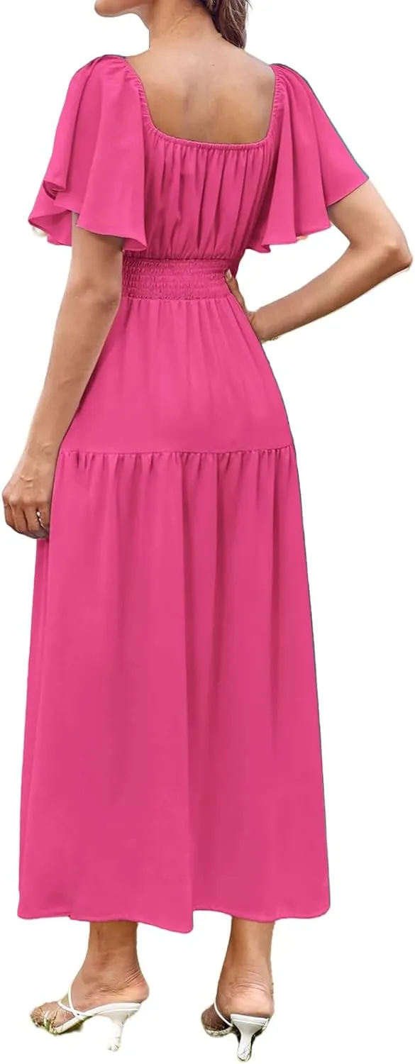 Flowy Maxi Dresses for Women Summer Casual A Line Dress Short Sleeve Square Neck Smocked Waist Beach Vacation Sundress