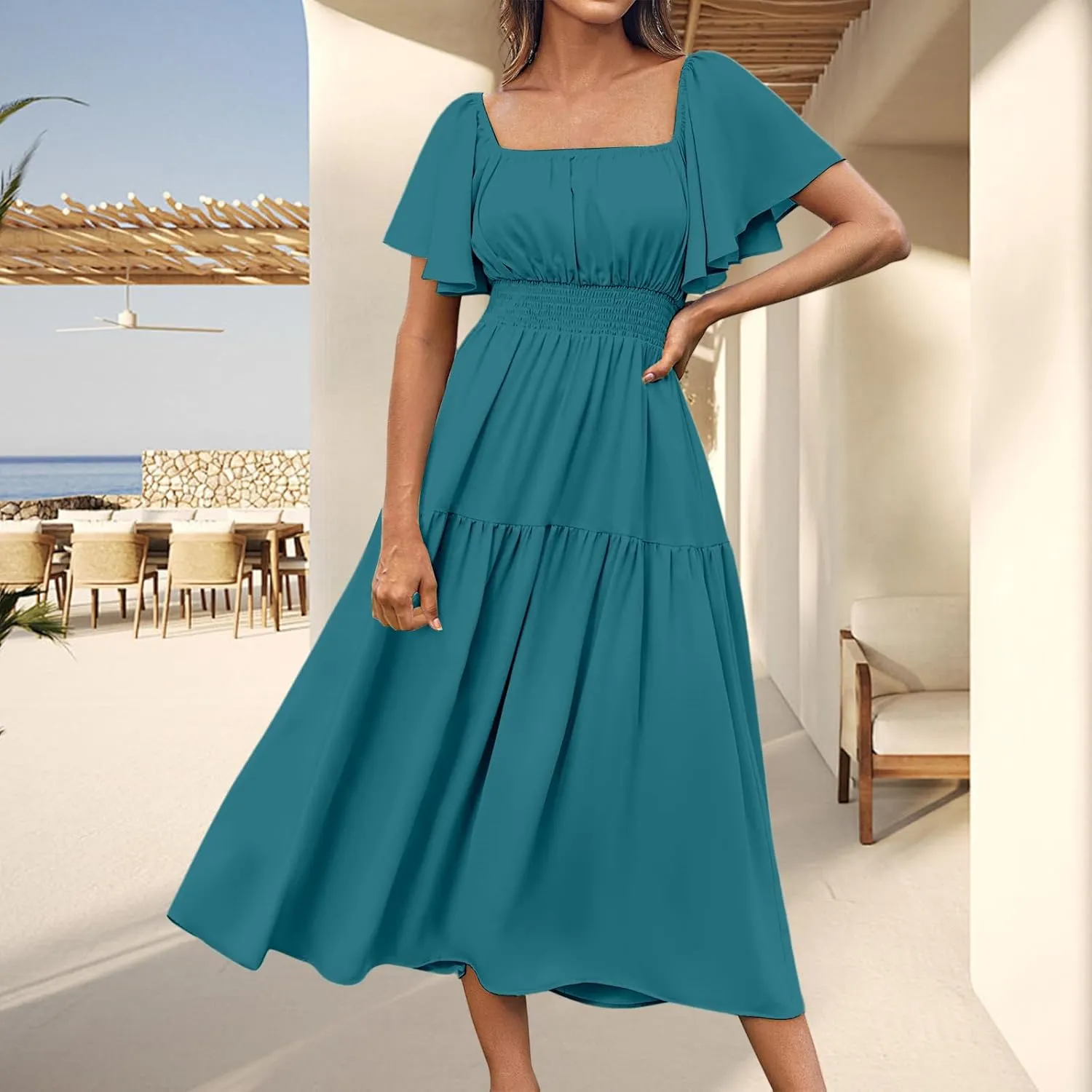 Flowy Maxi Dresses for Women Summer Casual A Line Dress Short Sleeve Square Neck Smocked Waist Beach Vacation Sundress