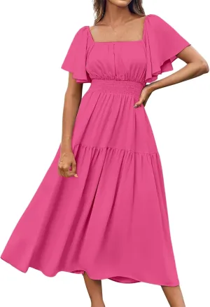 Flowy Maxi Dresses for Women Summer Casual A Line Dress Short Sleeve Square Neck Smocked Waist Beach Vacation Sundress