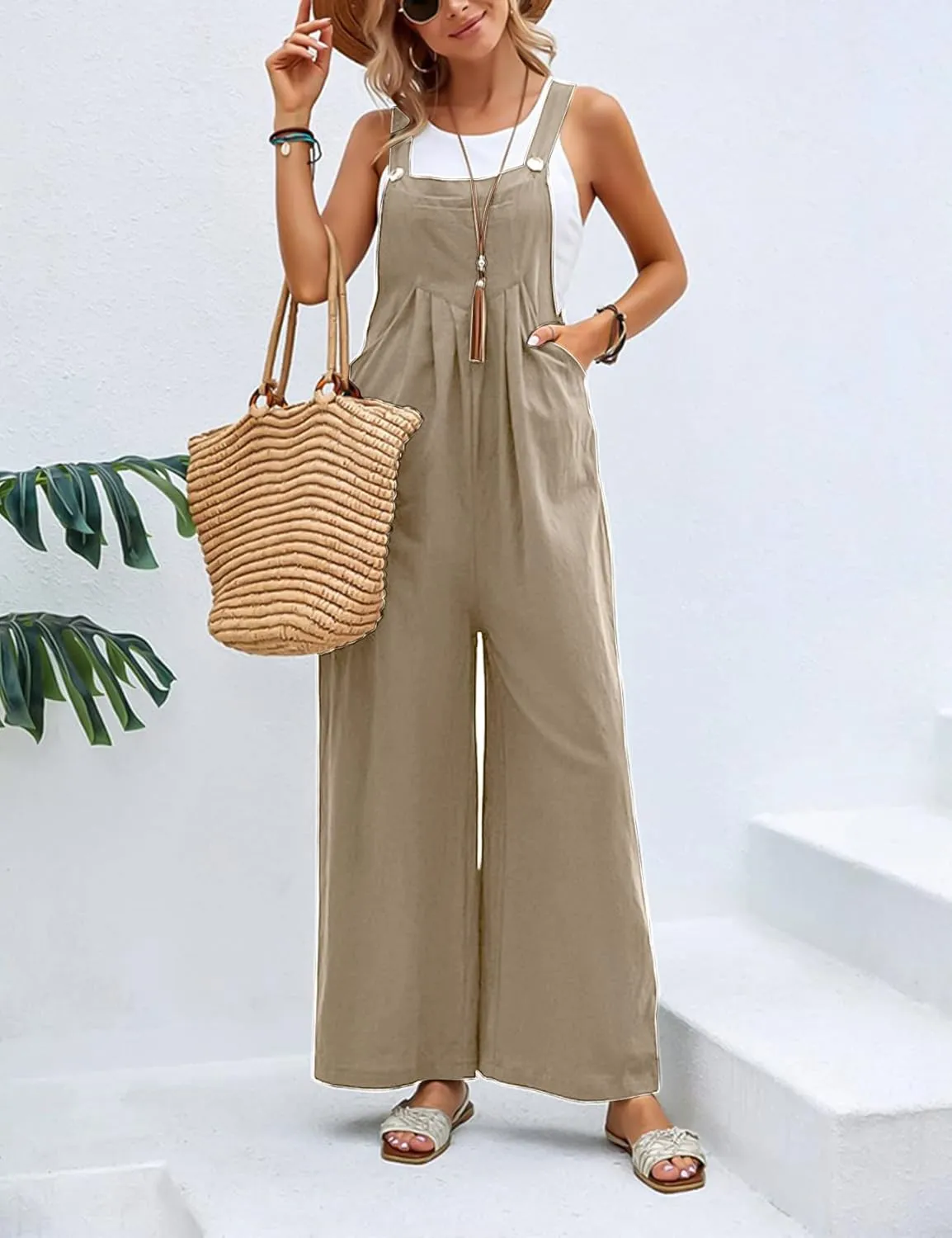 Flygo Womens Overalls Loose Fit Cotton Linen Bib Overall Wide Leg Jumpsuit Rompers with Pockets