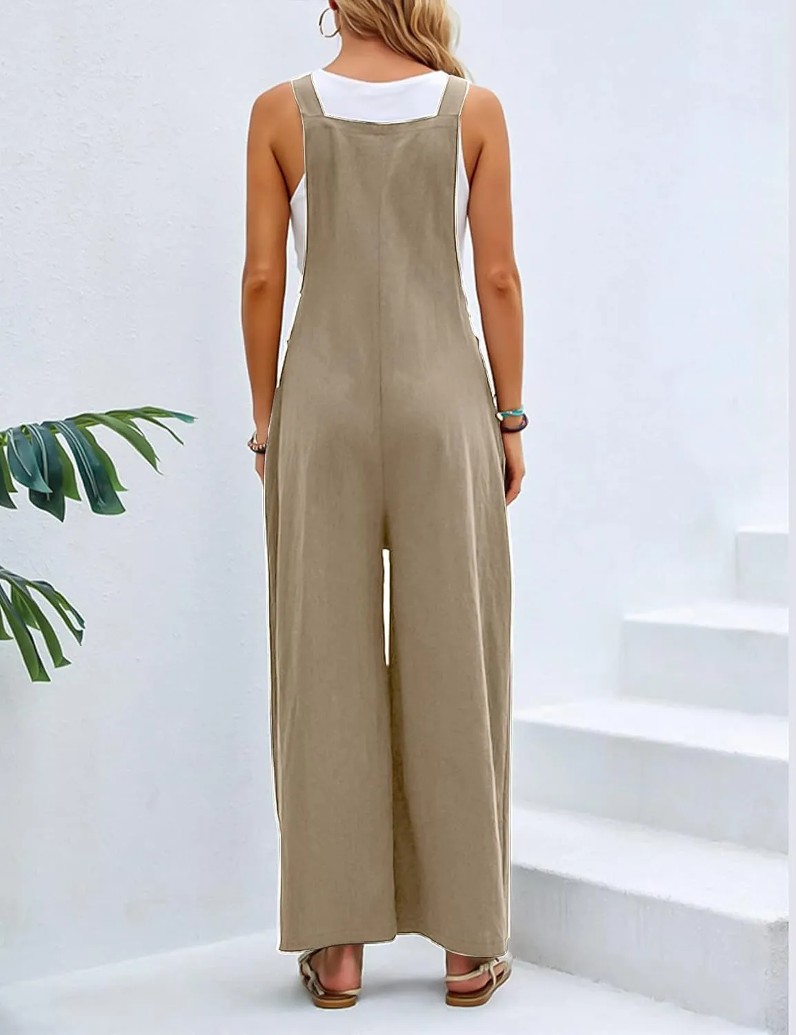 Flygo Womens Overalls Loose Fit Cotton Linen Bib Overall Wide Leg Jumpsuit Rompers with Pockets