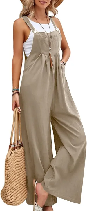 Flygo Womens Overalls Loose Fit Cotton Linen Bib Overall Wide Leg Jumpsuit Rompers with Pockets