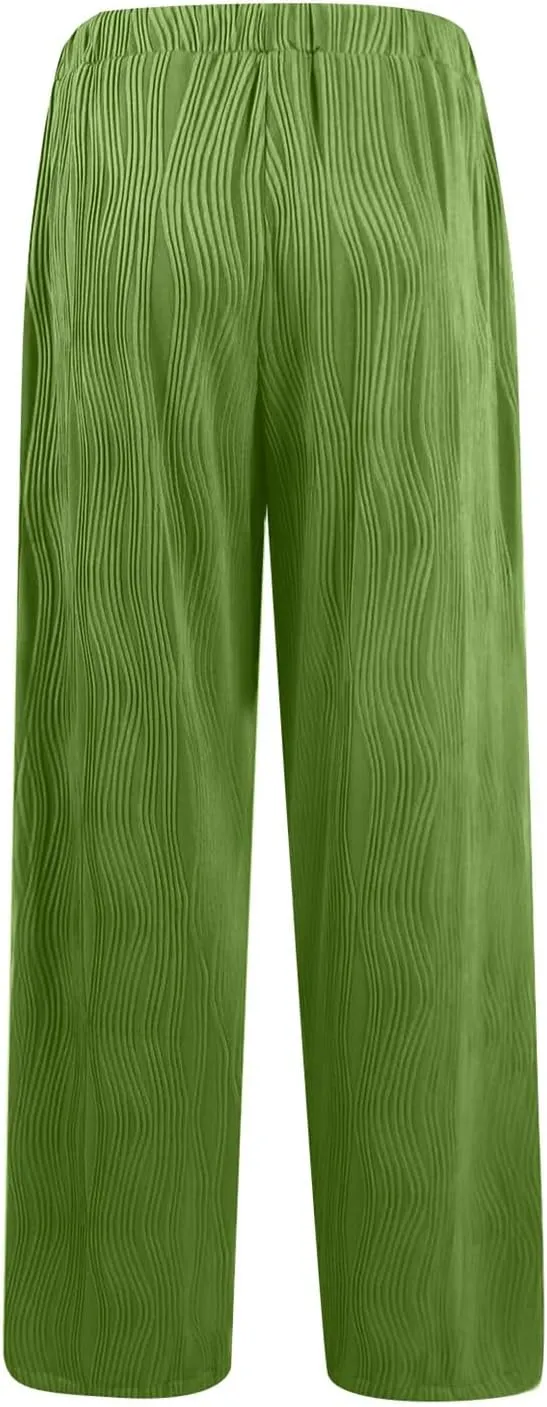 FZVYD Casual Textured Pants for Women Fall 2025 Trendy Drawstring Elastic High Waist Palazzo Pants Straight Leg Trousers