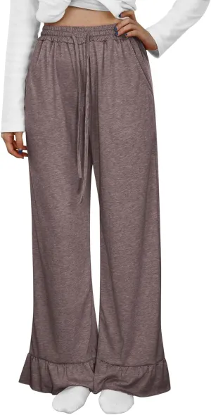 FZVYD Casual Textured Pants for Women Fall 2025 Trendy Drawstring Elastic High Waist Palazzo Pants Straight Leg Trousers