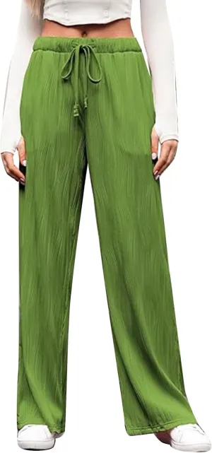 FZVYD Casual Textured Pants for Women Fall 2025 Trendy Drawstring Elastic High Waist Palazzo Pants Straight Leg Trousers