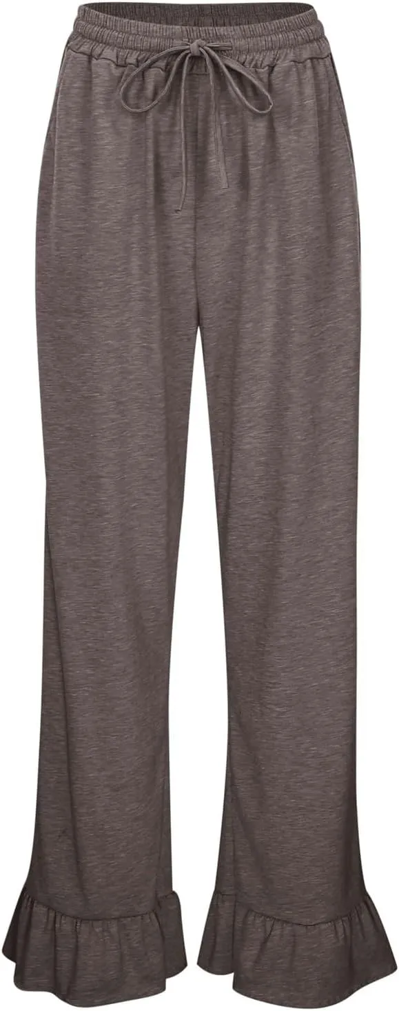 FZVYD Casual Textured Pants for Women Fall 2025 Trendy Drawstring Elastic High Waist Palazzo Pants Straight Leg Trousers