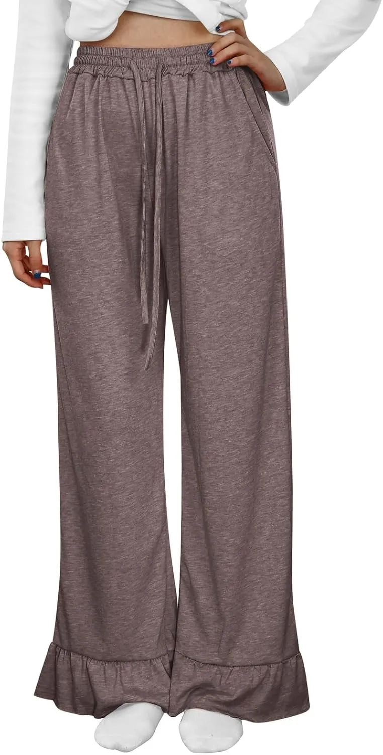 FZVYD Casual Textured Pants for Women Fall 2025 Trendy Drawstring Elastic High Waist Palazzo Pants Straight Leg Trousers