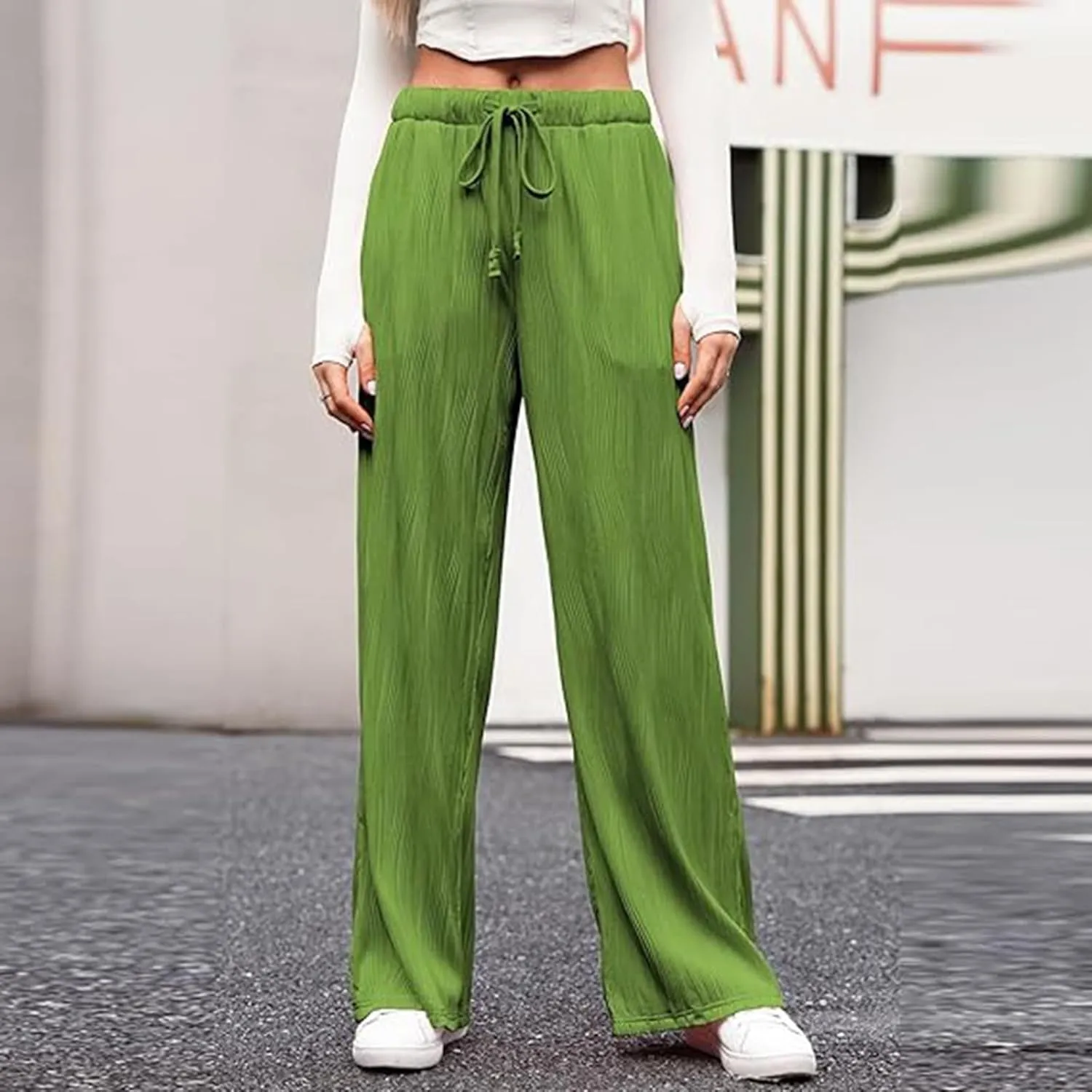 FZVYD Casual Textured Pants for Women Fall 2025 Trendy Drawstring Elastic High Waist Palazzo Pants Straight Leg Trousers