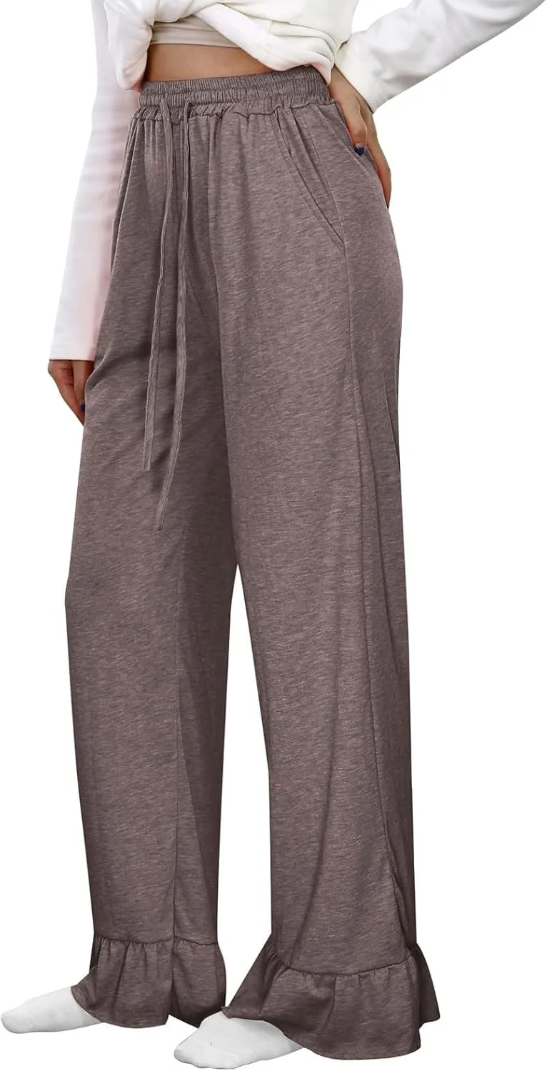 FZVYD Casual Textured Pants for Women Fall 2025 Trendy Drawstring Elastic High Waist Palazzo Pants Straight Leg Trousers
