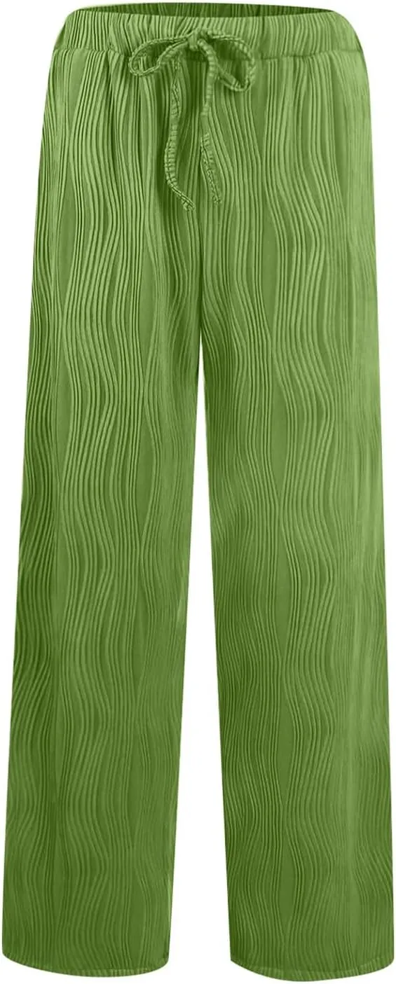 FZVYD Casual Textured Pants for Women Fall 2025 Trendy Drawstring Elastic High Waist Palazzo Pants Straight Leg Trousers