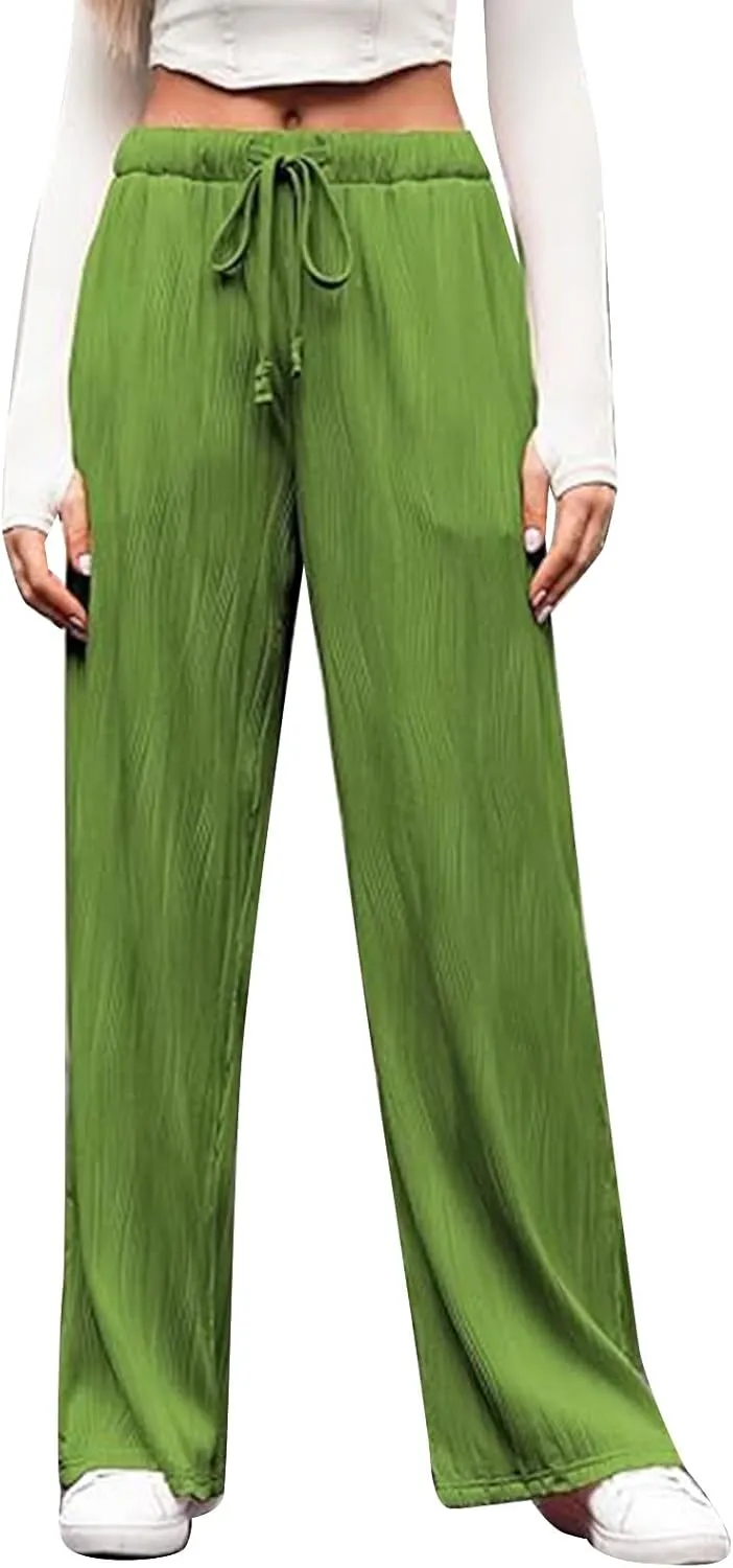 FZVYD Casual Textured Pants for Women Fall 2025 Trendy Drawstring Elastic High Waist Palazzo Pants Straight Leg Trousers