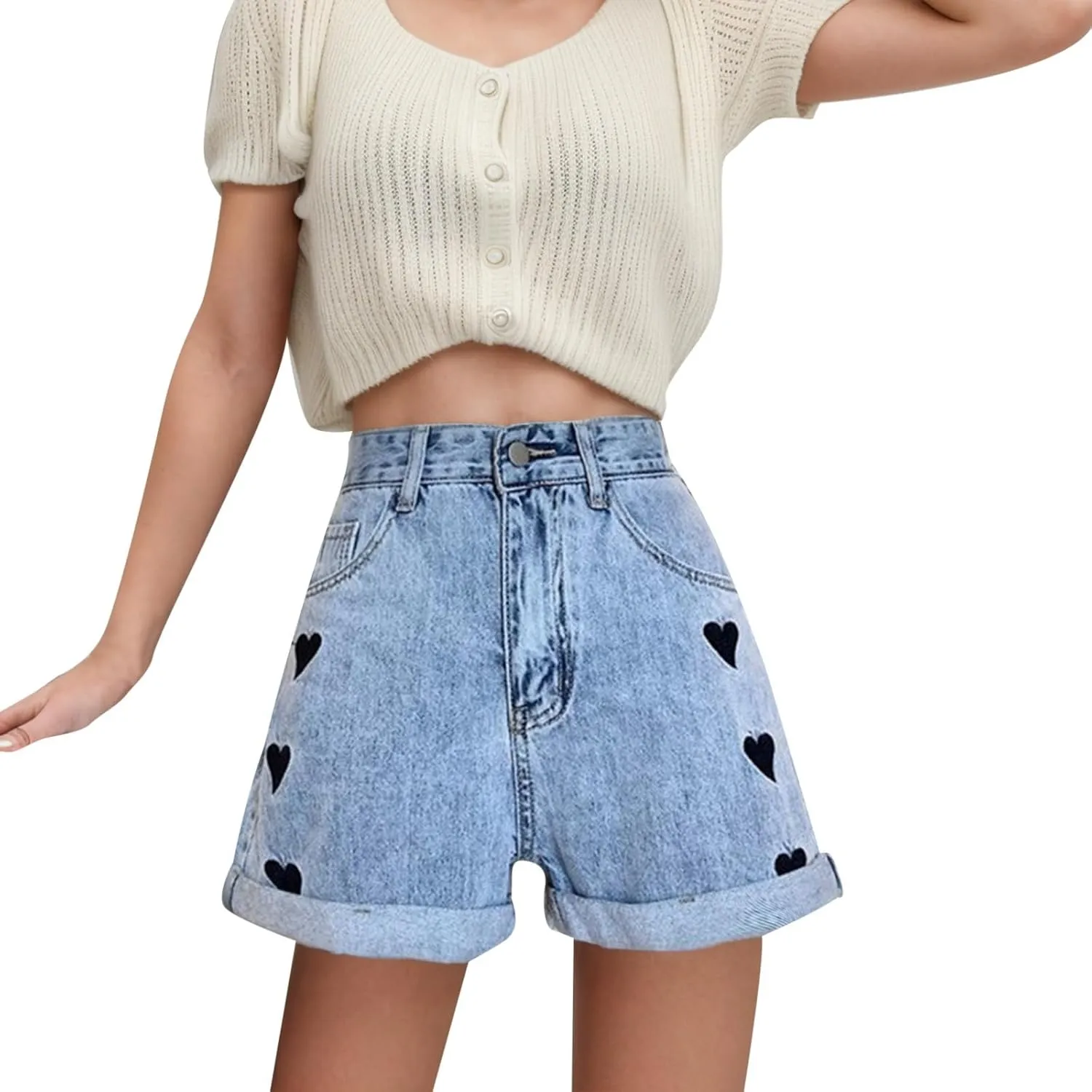 FZVYD Women Jean Shorts High Waisted 2025 Summer Trendy Flat Pockets Cutoff Stretchy Casual Wide Leg Heart Print Denim Short