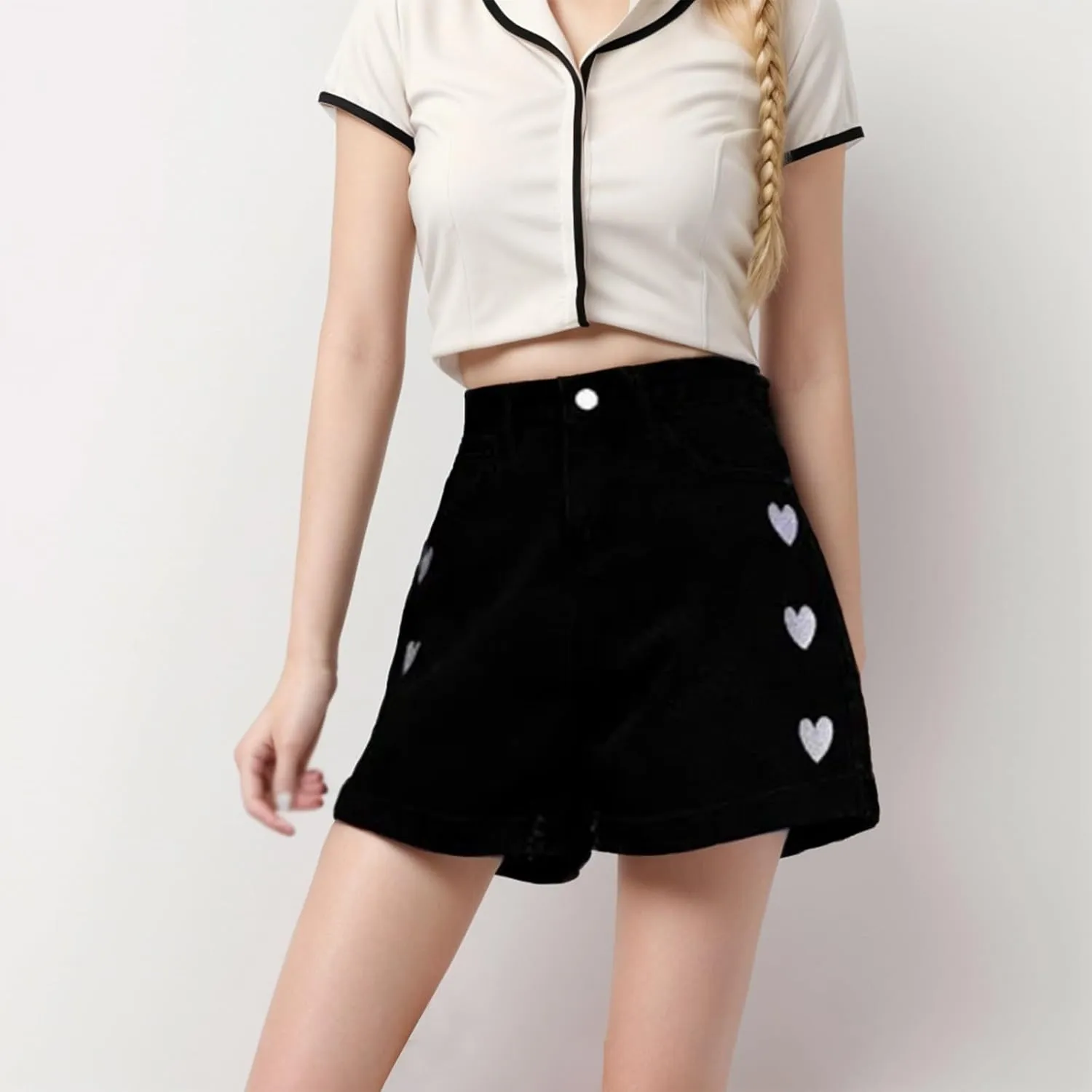 FZVYD Women Jean Shorts High Waisted 2025 Summer Trendy Flat Pockets Cutoff Stretchy Casual Wide Leg Heart Print Denim Short