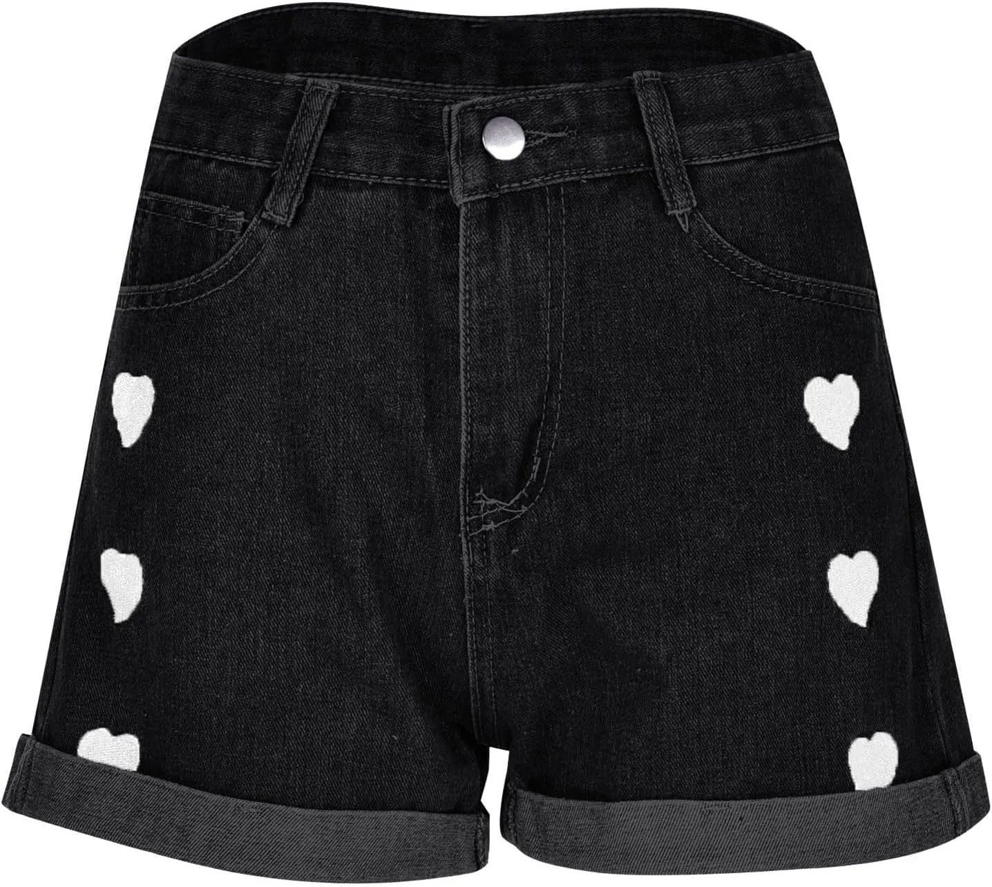 FZVYD Women Jean Shorts High Waisted 2025 Summer Trendy Flat Pockets Cutoff Stretchy Casual Wide Leg Heart Print Denim Short