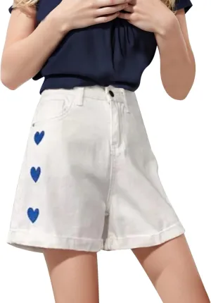 FZVYD Women Jean Shorts High Waisted 2025 Summer Trendy Flat Pockets Cutoff Stretchy Casual Wide Leg Heart Print Denim Short