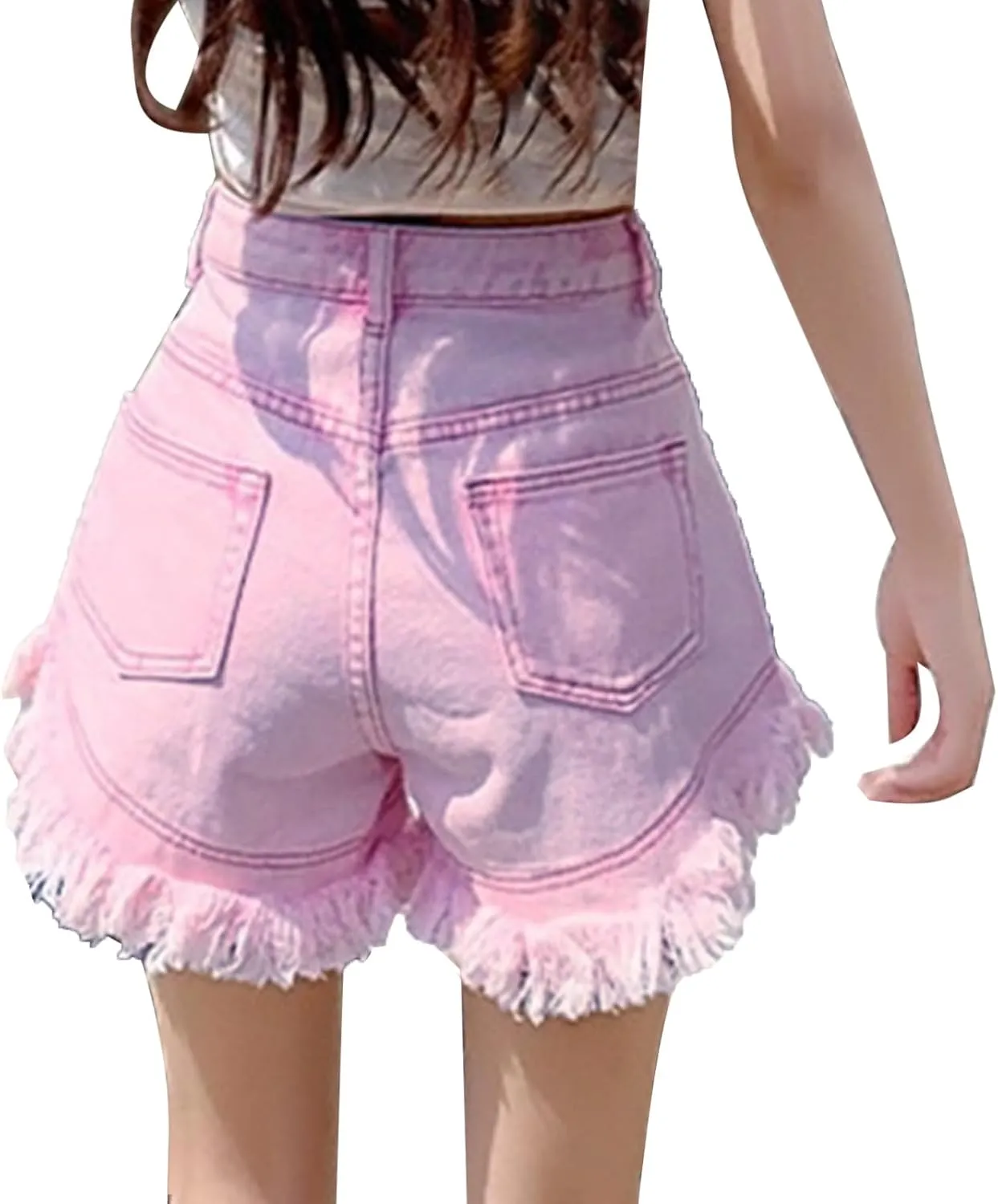 FZVYD Women Jean Shorts High Waisted 2025 Summer Trendy Flat Pockets Cutoff Stretchy Casual Wide Leg Heart Print Denim Short