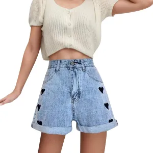 FZVYD Women Jean Shorts High Waisted 2025 Summer Trendy Flat Pockets Cutoff Stretchy Casual Wide Leg Heart Print Denim Short