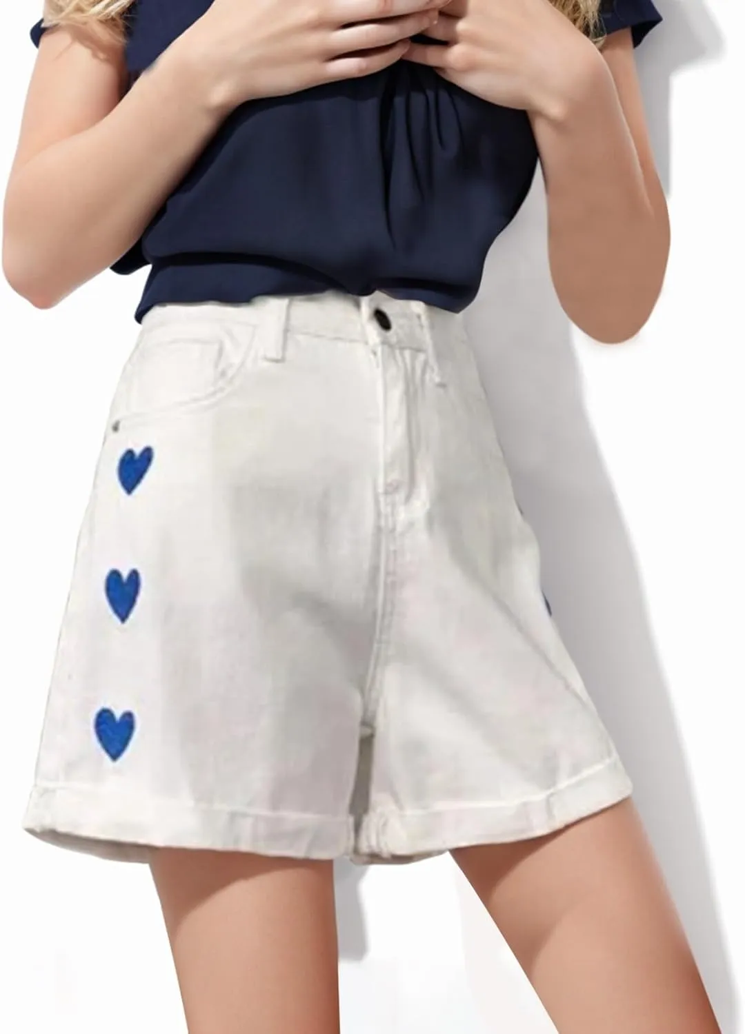 FZVYD Women Jean Shorts High Waisted 2025 Summer Trendy Flat Pockets Cutoff Stretchy Casual Wide Leg Heart Print Denim Short